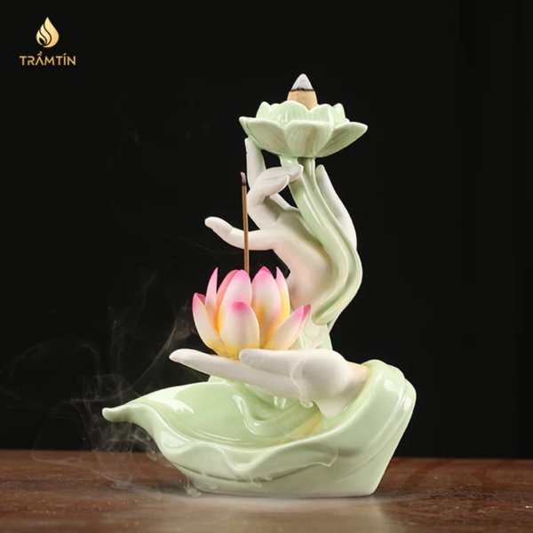 Trầm hương thác khói tay Phật hoa sen hồng - màu trắng men ngọc TTA25014-b